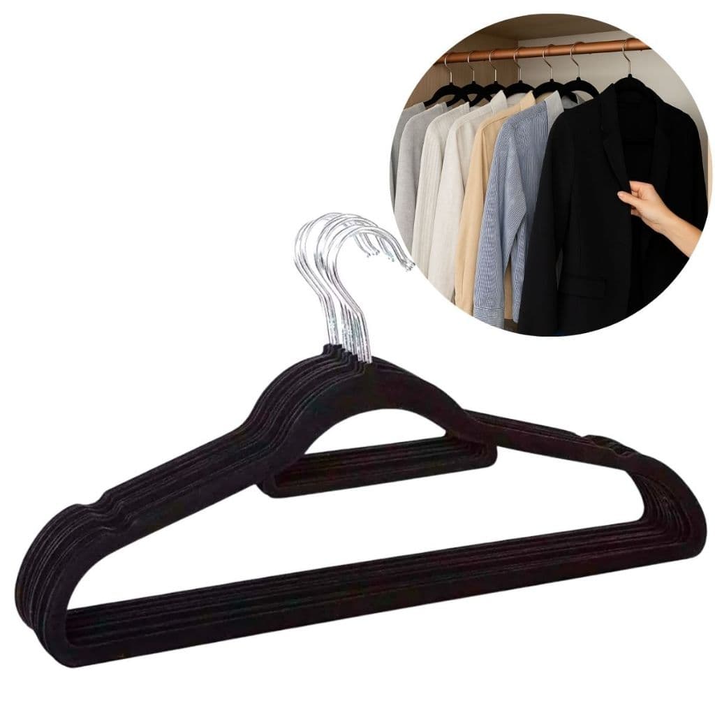 5 Cabides de Veludo Adulto Slim com Gancho Giratório – Roupas Não Escorregam