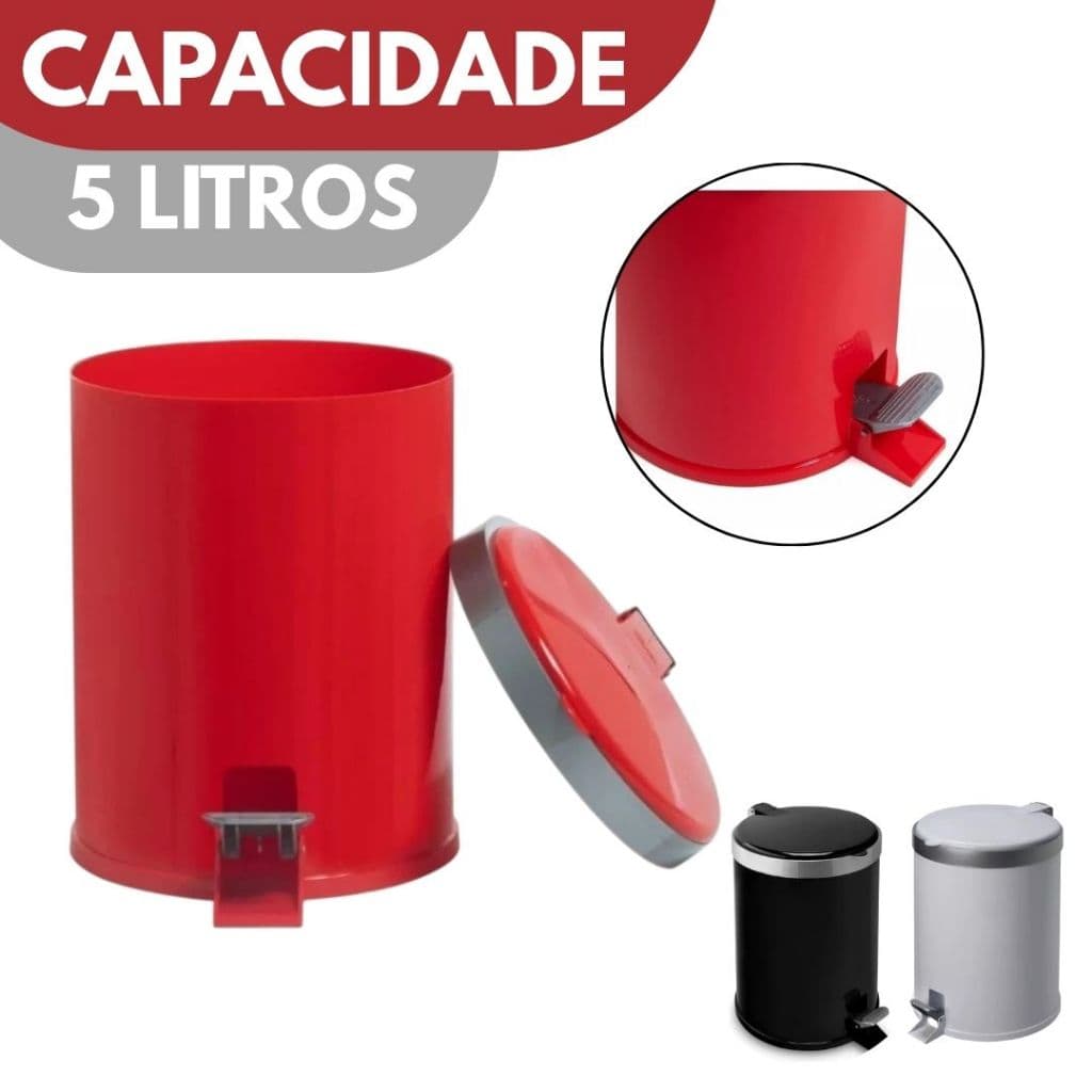Lixeira 5 Litros Pedal e Tampa Preta Vermelha Branca Grande Banheiro P/ Escritório Cozinha Multiuso.