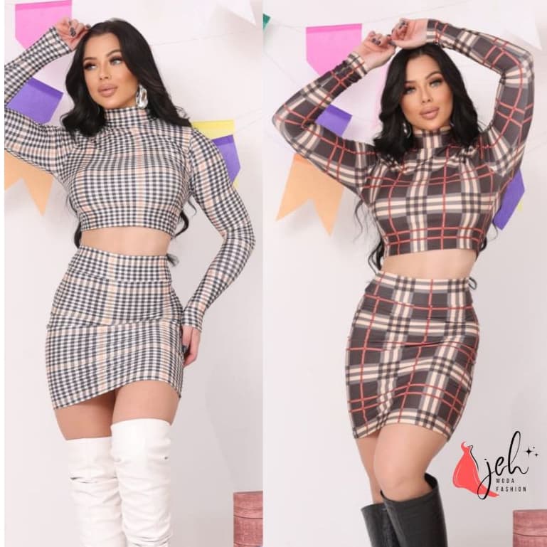 Conjunto Cropped e Saia Xadrez Festa Junina