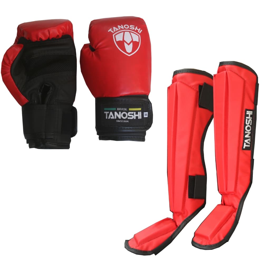 Kit Vermelho Luva Boxe MuayThai Sanda + caneleira TANOSHI