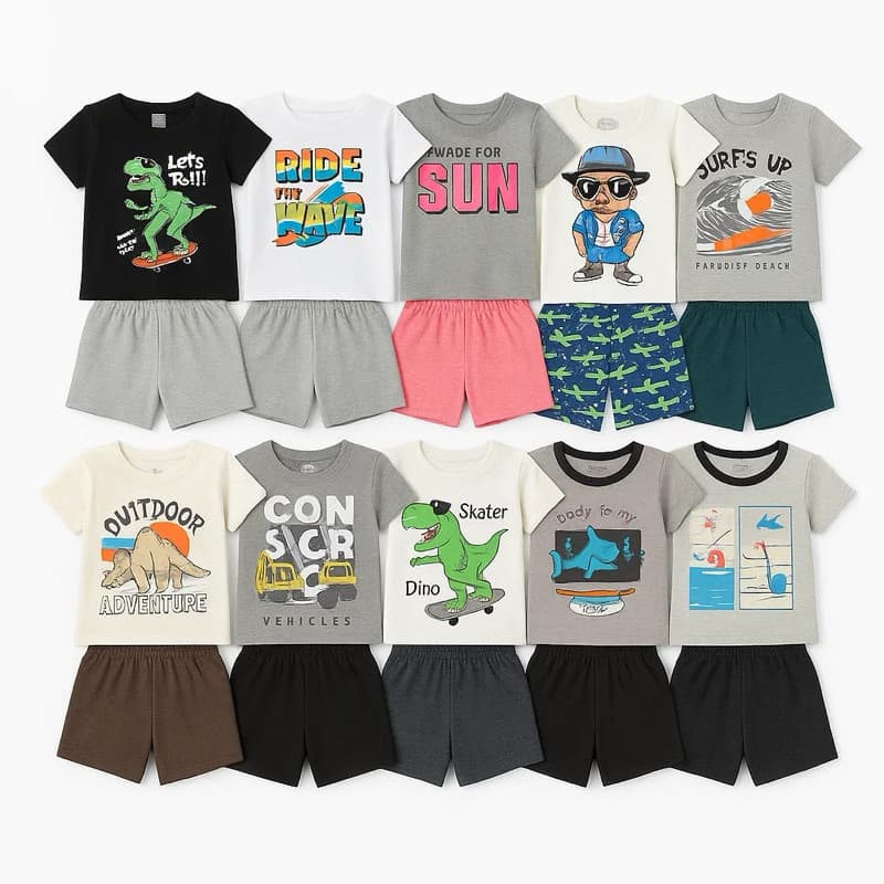 Kit Sortido 10 Peças de Roupas Infantil Verão Masculino Menino - 5 Camisetas + 5 Bermudas 1 ao 8