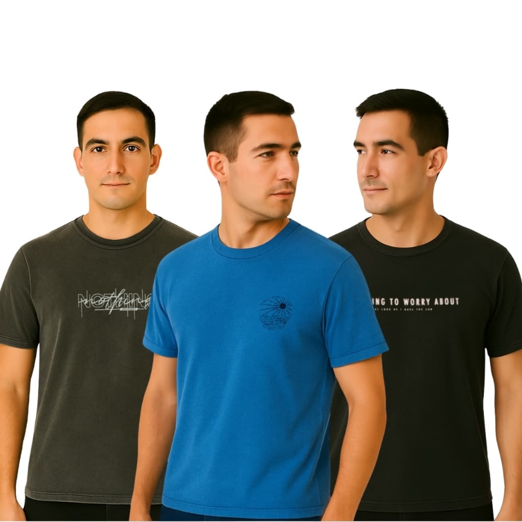 KIT 3 CAMISETAS ESTONADAS MASCULINAS SORTIDAS - 100% ALGODÃO PREMIUM - ESTAMPA MINIMALISTA