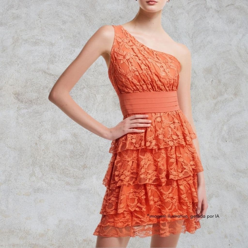 vestido um ombro babados renda salmão