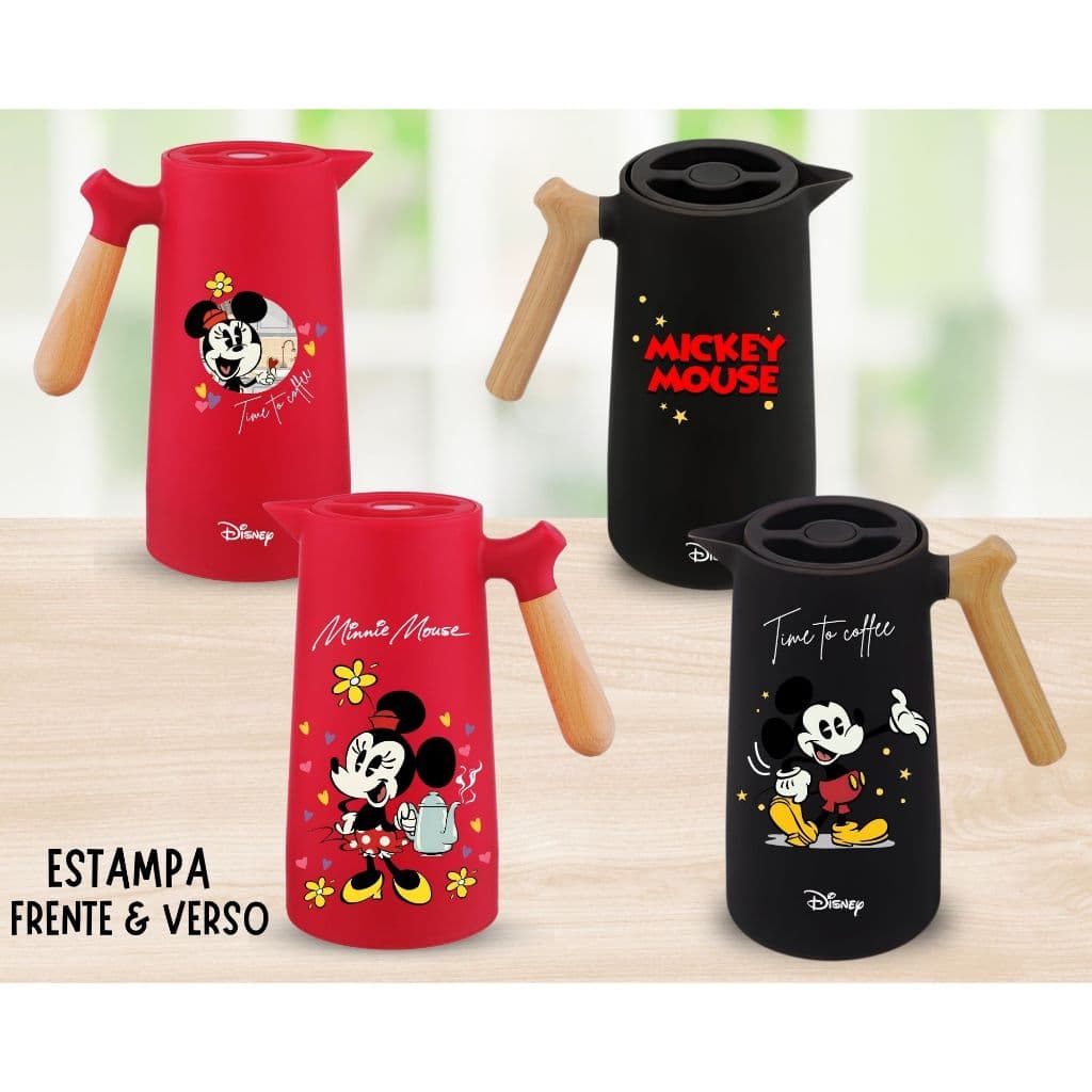 1 Garrafa Térmica Café/Chá 1 Litro Personalizada Minnie Mouse e Mickey Mouse Arte Fixa Resistente