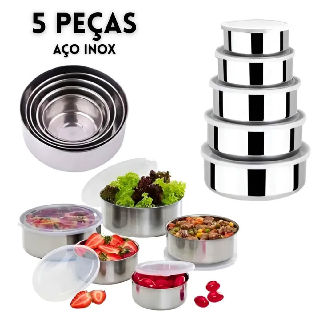 Conjunto com 5 Potes Herméticos de Inox com Tampa Armazenador de Alimentos Bavaria