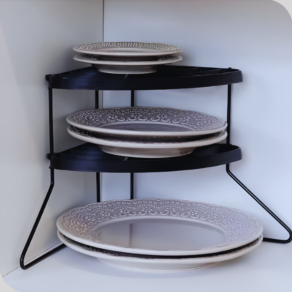 Organizador De Pratos Canto Armário Cozinha 3 Andares Metaltru Rack Suporte De Balcão Otimiza Espaço