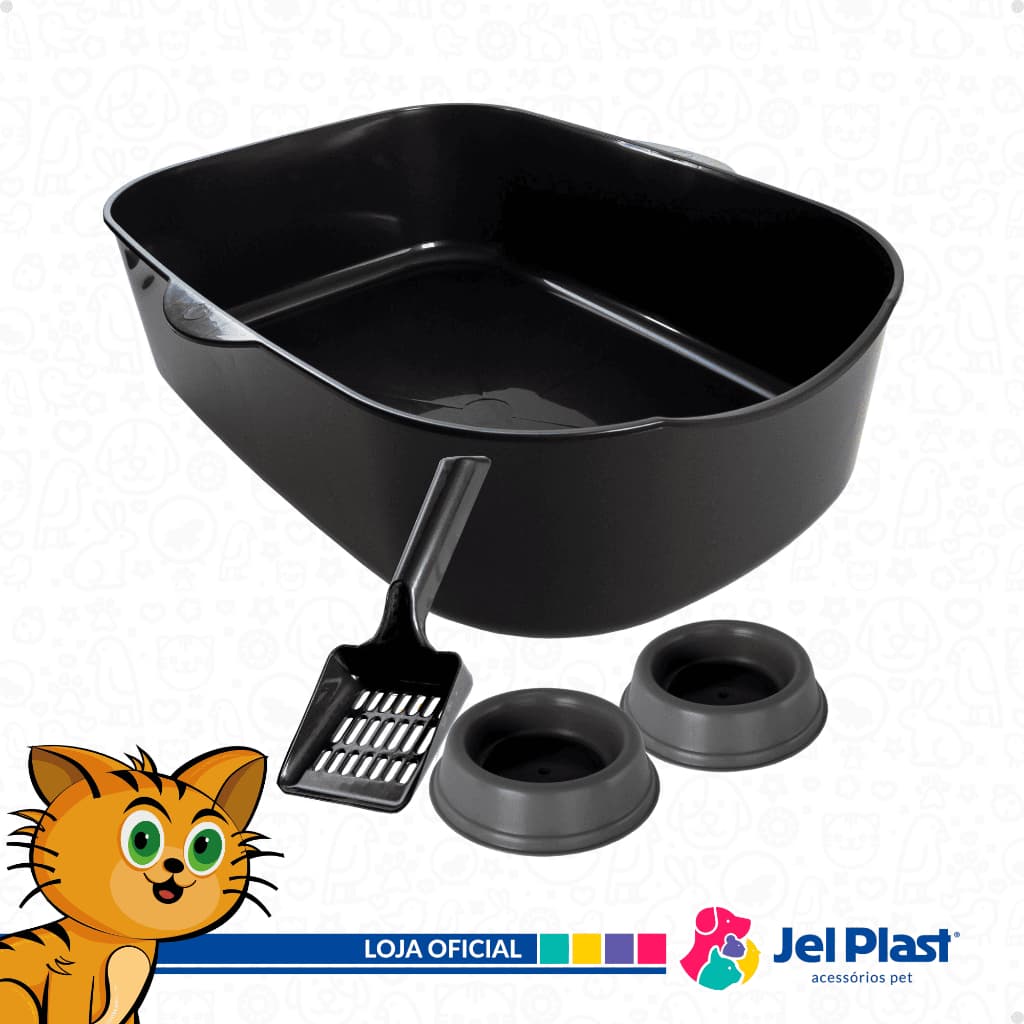 Caixa de Areia para Gatos Maior Bandeja do Mercado Comedouro e Pá Higiênica Jel Plast
