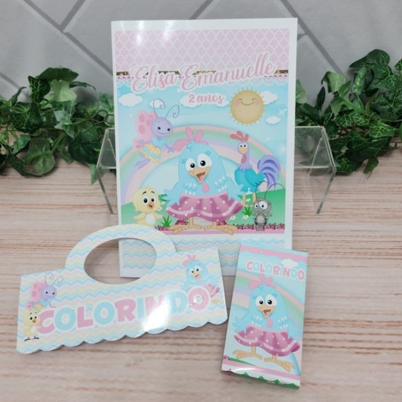 Kit Colorir Galinha Pintadinha Cand Personalizado | Lembrancinha Festa Infantil | Livrinho + Giz de Cera | Qualquer Tema