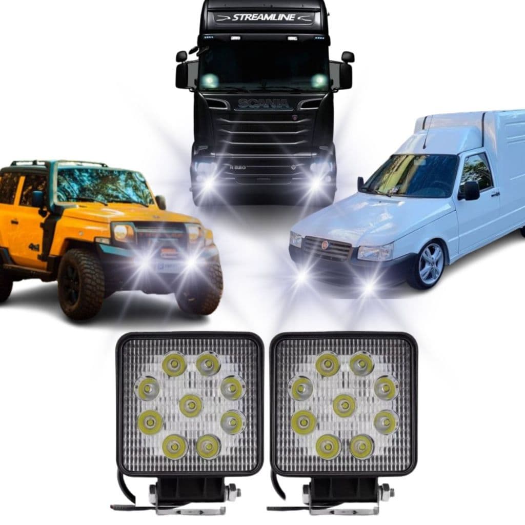 Par Farol de Milha Auxiliar Universal Quadrado 12v 24v  27w Carro Caminhao