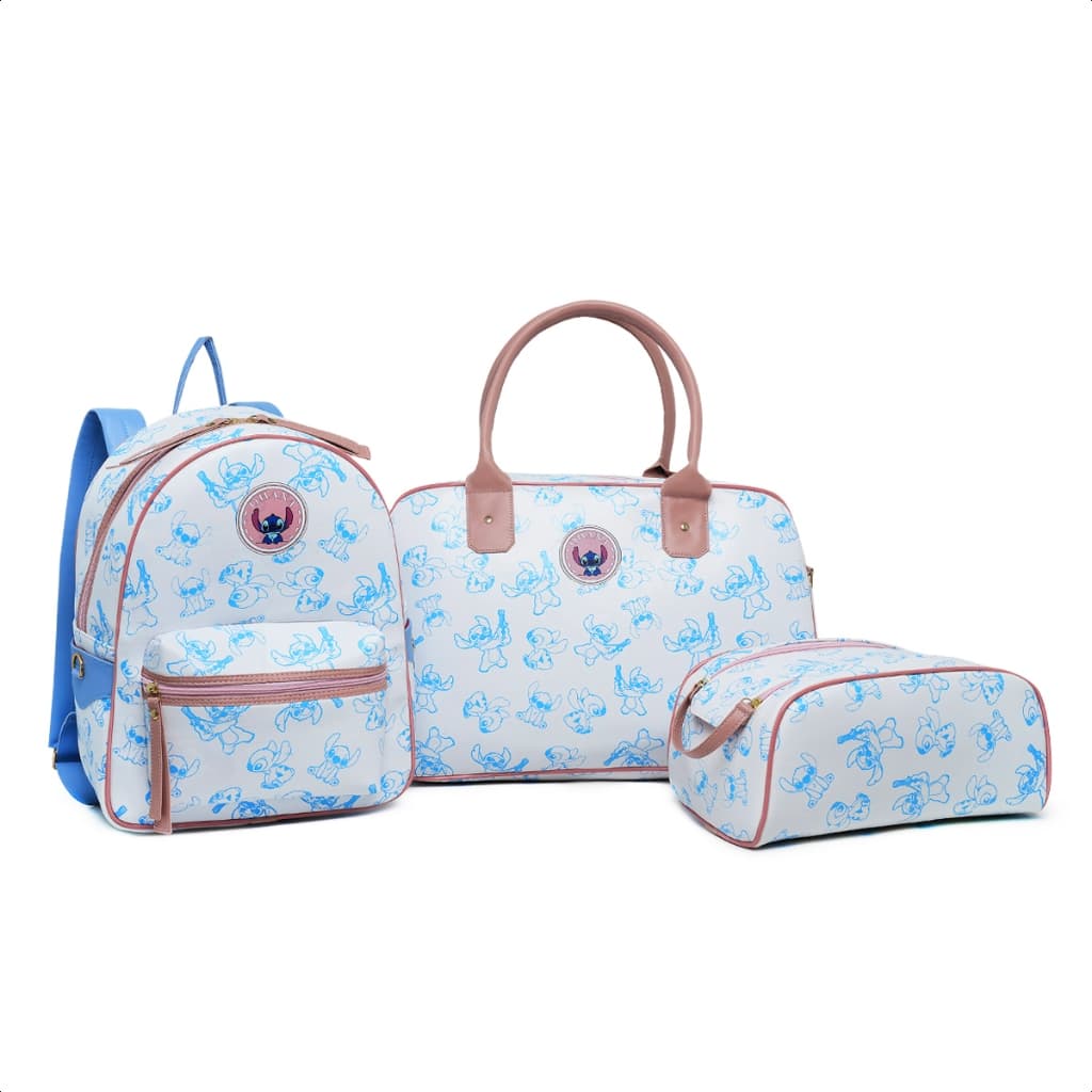Kit3 Mala Mochila M Necessaire Stitch Lilo Menina Menino Maternidade Passeio Casual Viagem Creche