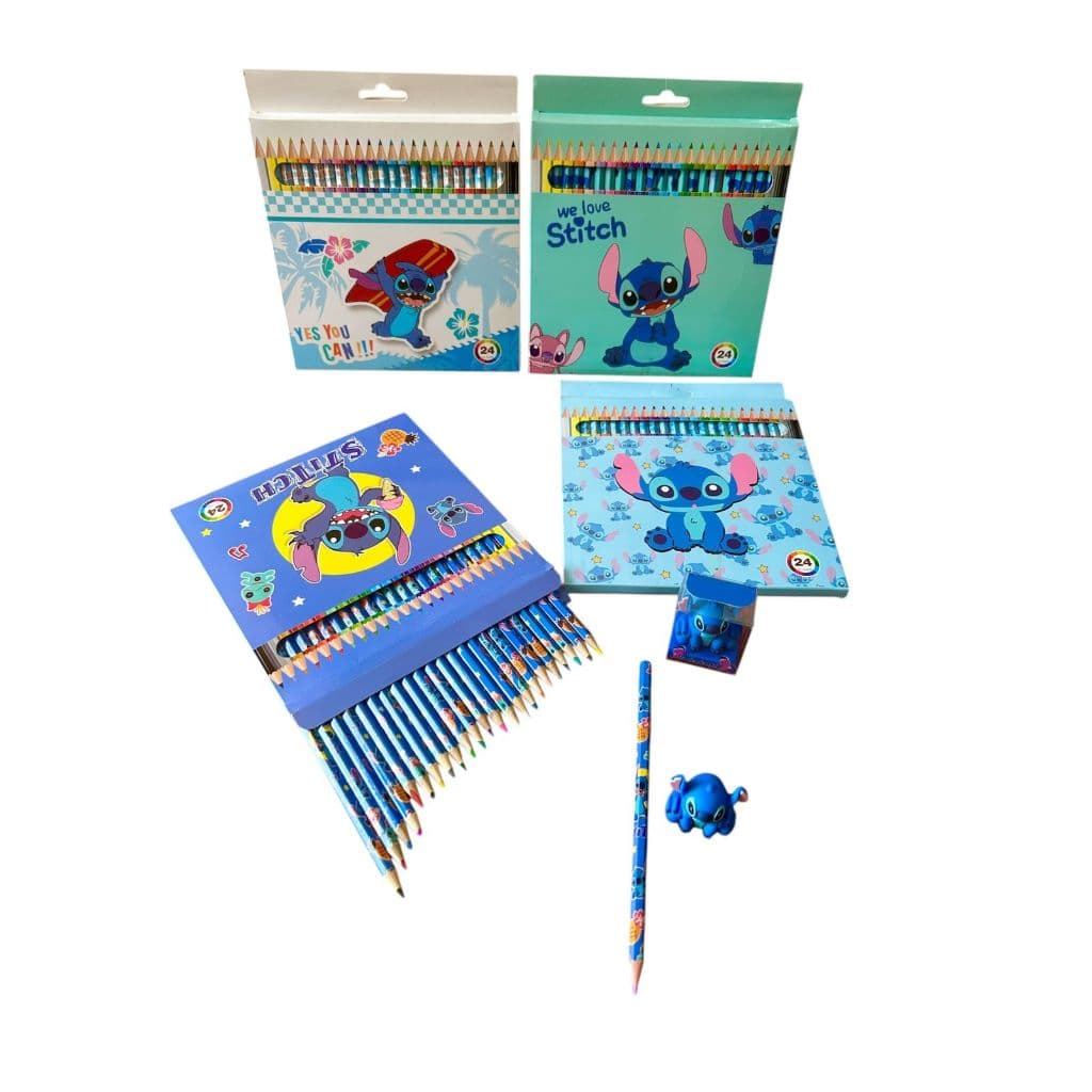 KIT ESCOLAR STITCH COM 24 LÁPIS DE COR E UM APONTADOR DO STITCH, VAMOS DEIXAR NOSSAS PINTURAS MAIS DIVERTIDAS !!!!