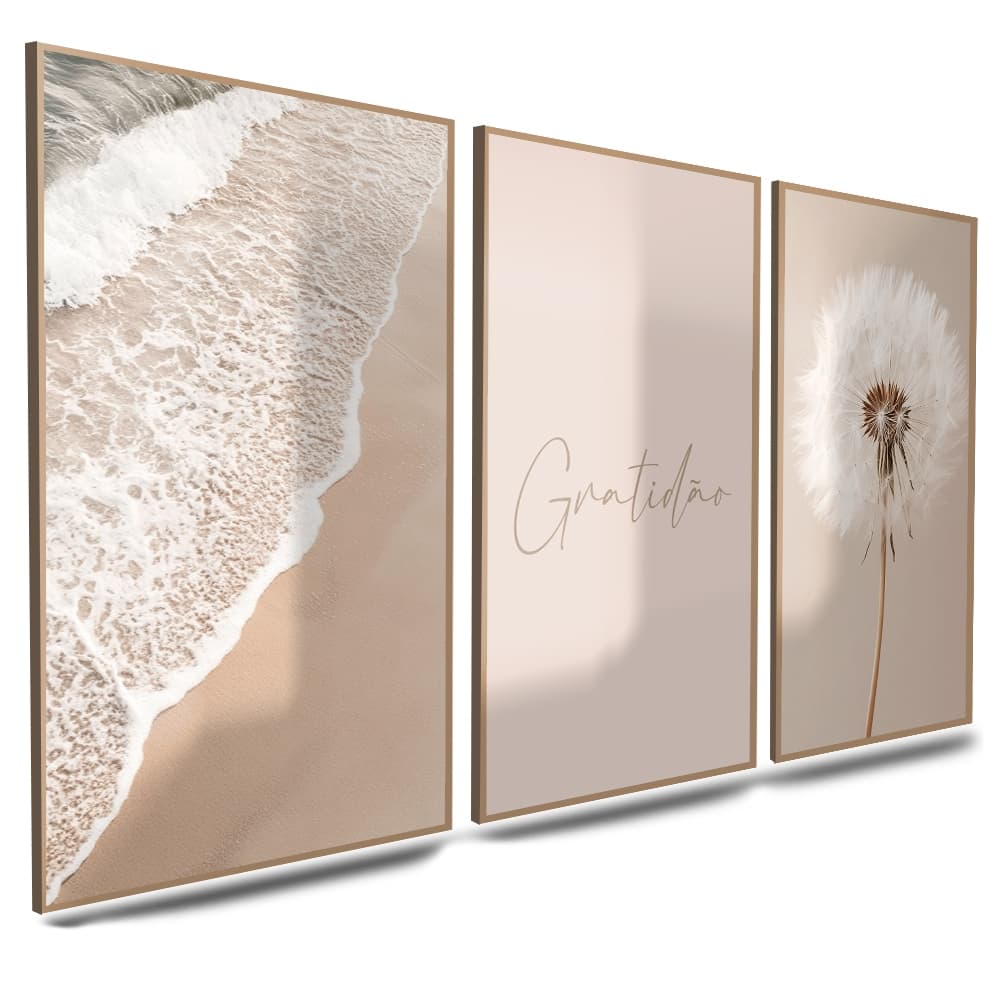 Kit Quadro Decorativo com 3 peças Com Borda Gratidão Praia Natureza Só Agradecer Dente de Leão Rose