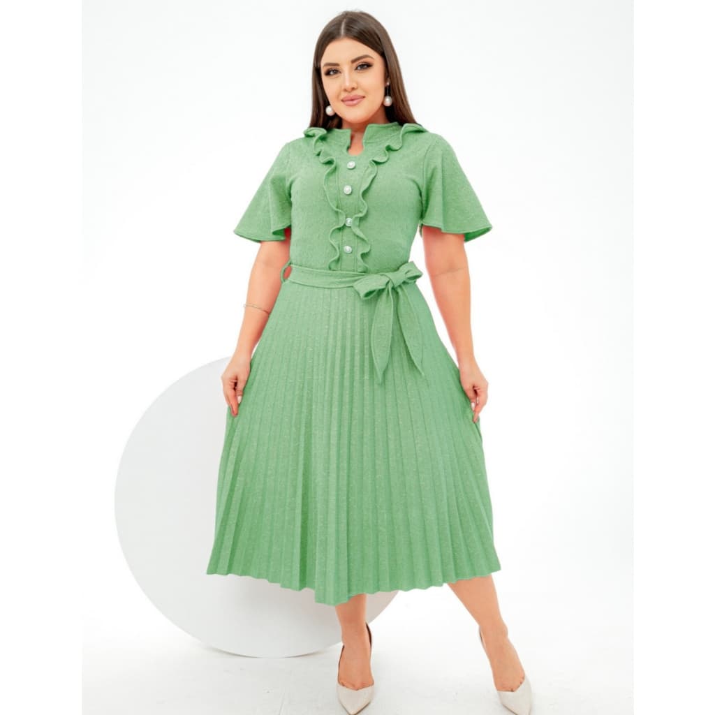 Vestido Jacar Plissado e Babado com Botão fake com Laço na Cintura Moda Evangélica e Modesta