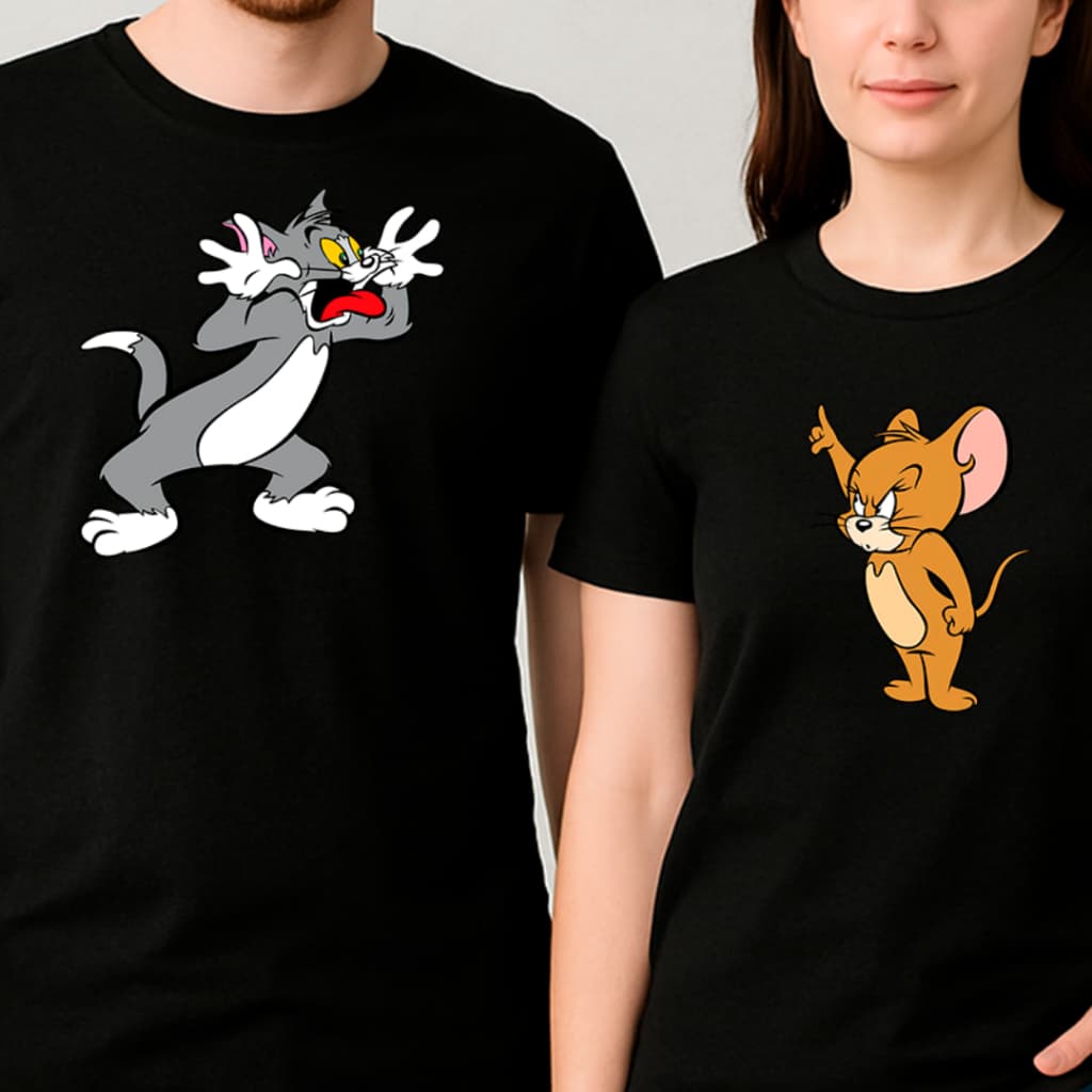 Camiseta Casal Estampa Tom e Jerry Divertida Tumblr Unissex Criativa Presente Namorados
