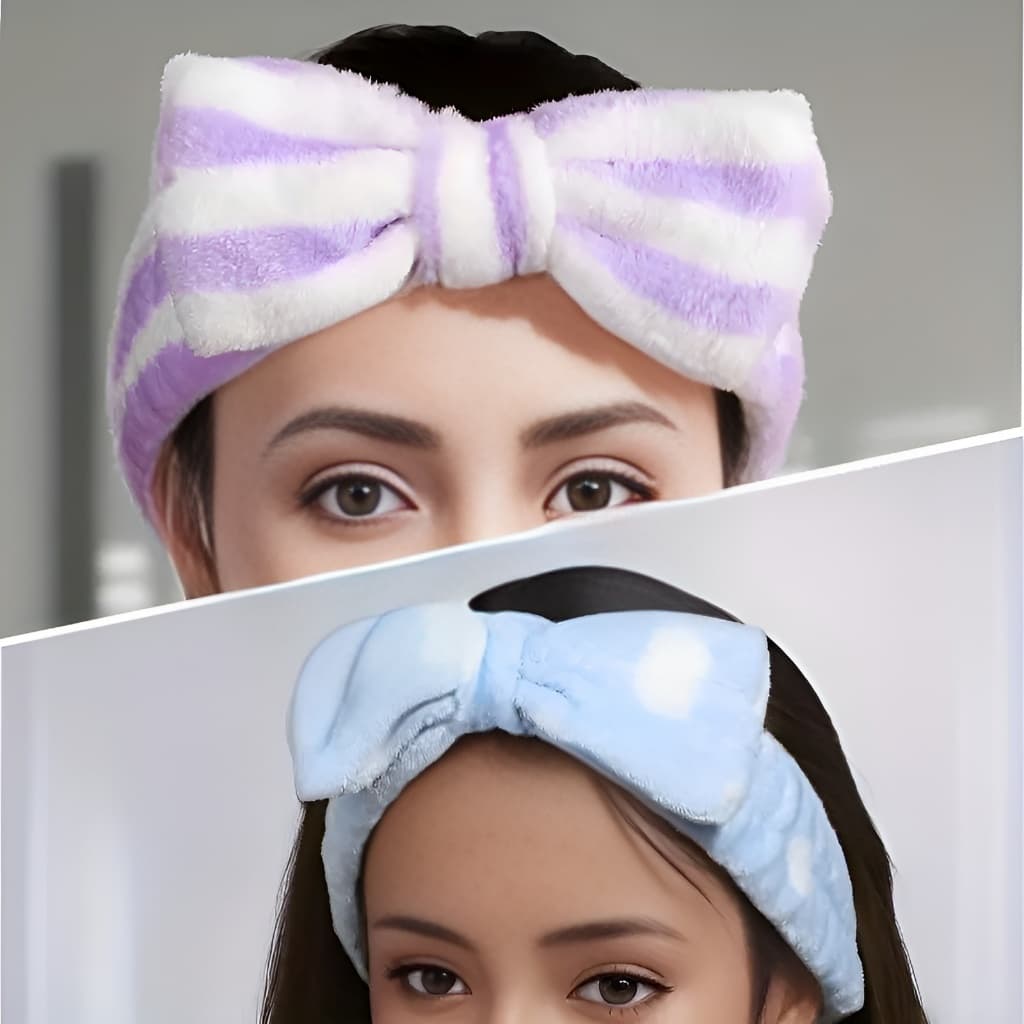 Faixa de Cabelo com Laço + 2 Pulseiras de Pelúcia Macia Colorida para Maquiagem ou Spa