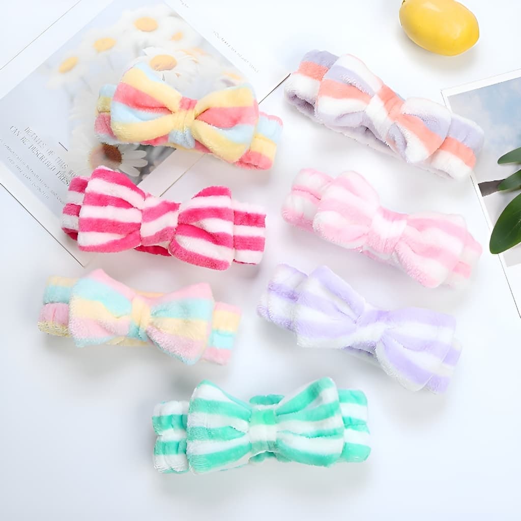 Faixa de Cabelo com Laço + 2 Pulseiras de Pelúcia Macia Colorida para Maquiagem ou Spa