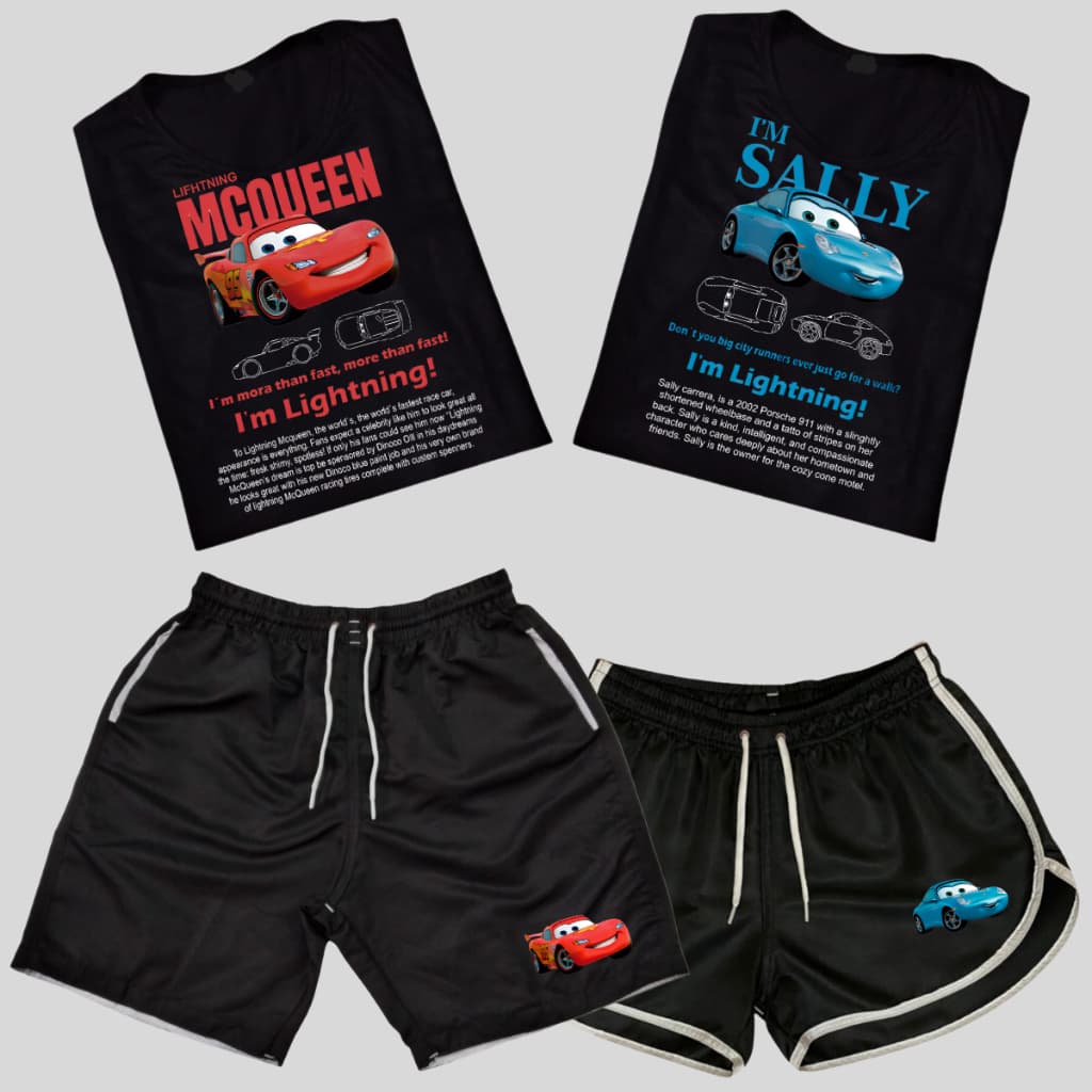 Conjunto Mcqueen & Sally Shorts Casais + Kit 2 Camisetas de Casal Namorados