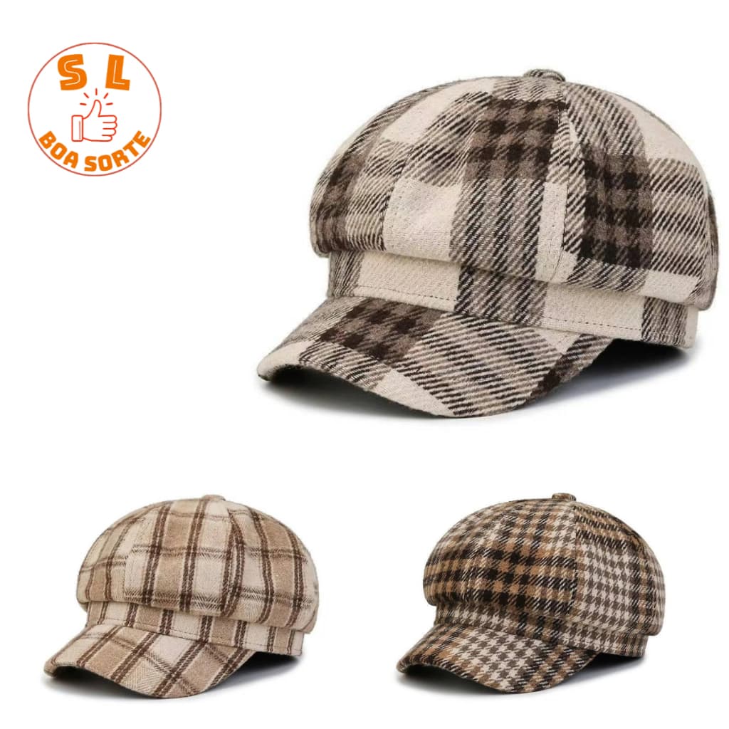 Boina Feminina Chapéu Gorro Italiana Francesa Mulher Lã Britânico Lisa Xadrez Inverno