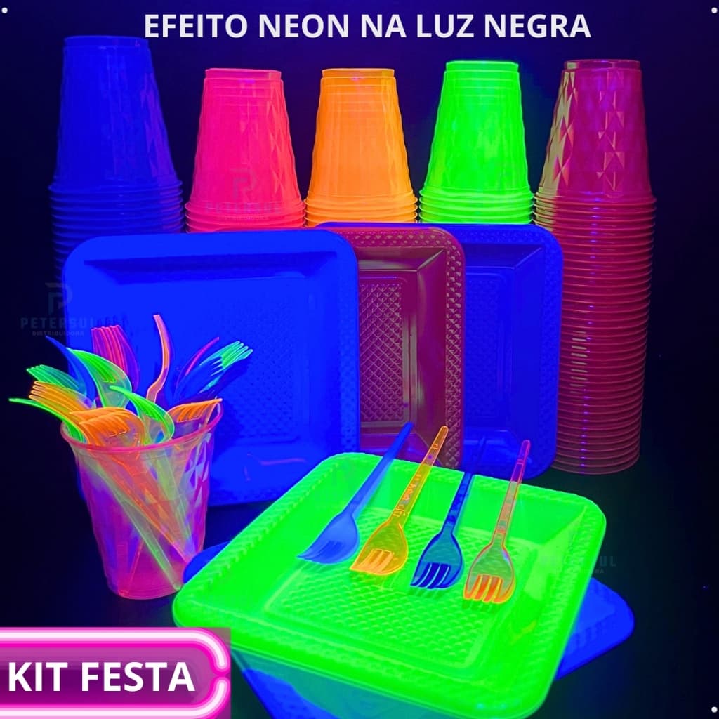 Kit Festa Completo Neon 180 Itens Premium Aniversario Descartável Diamante Pratinho Garfinho Copo Azul Rosa Verde Roxo