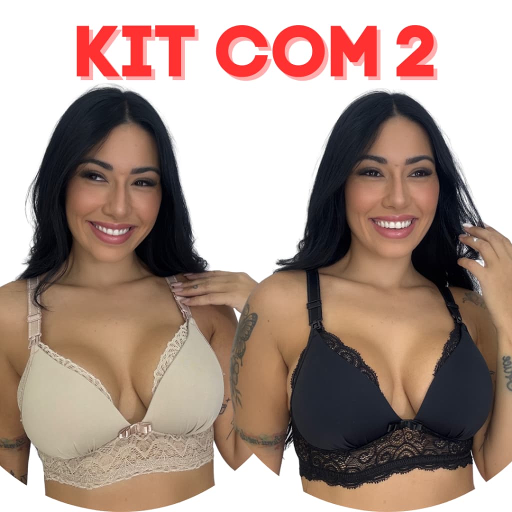 KIT 2 Sutiã Amamentação Renda Bojo Soft Molinho Reforçado Gestante Pós Parto