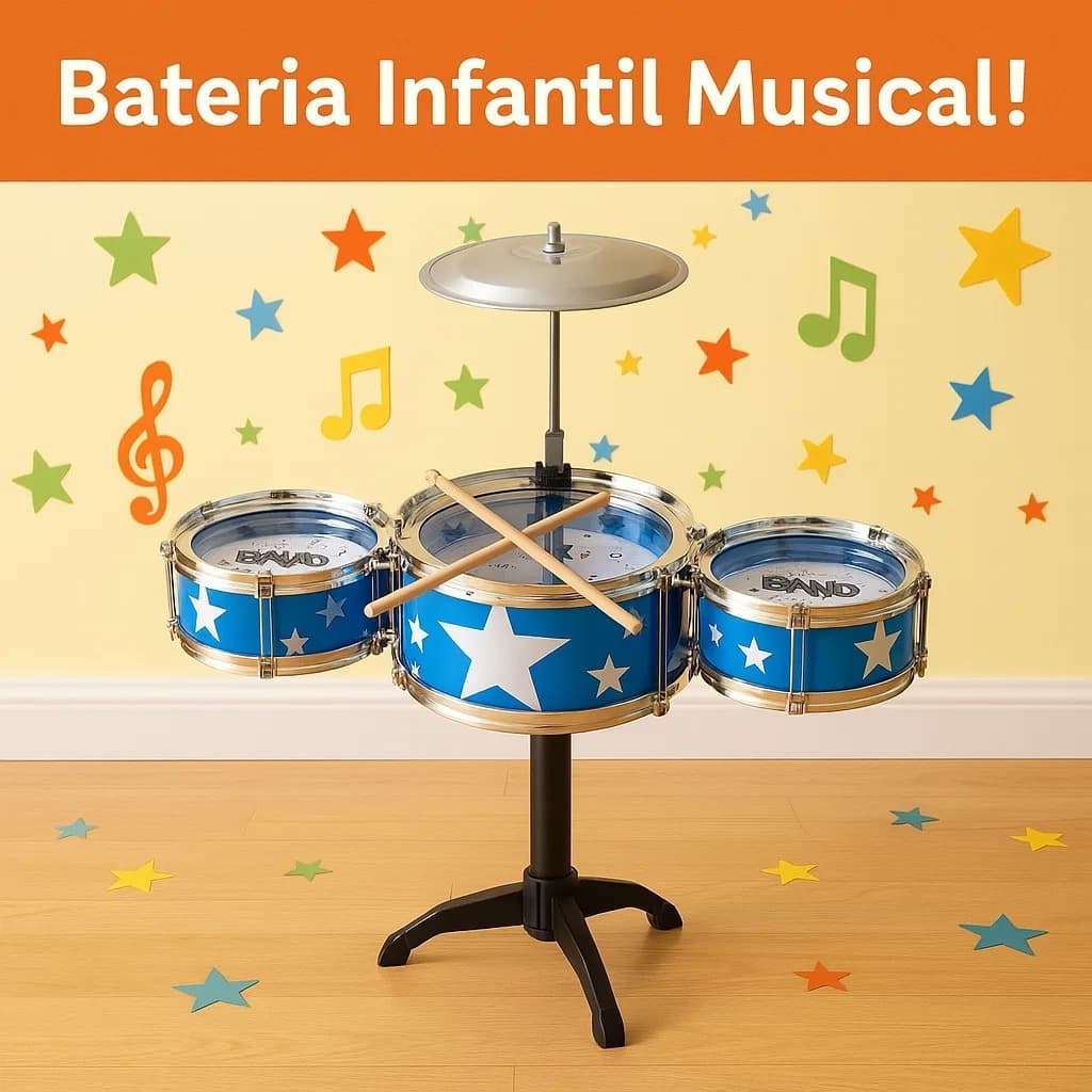 Bateria Média Musical Infantil Completa Tambores Banqueta Musica Brinquedo