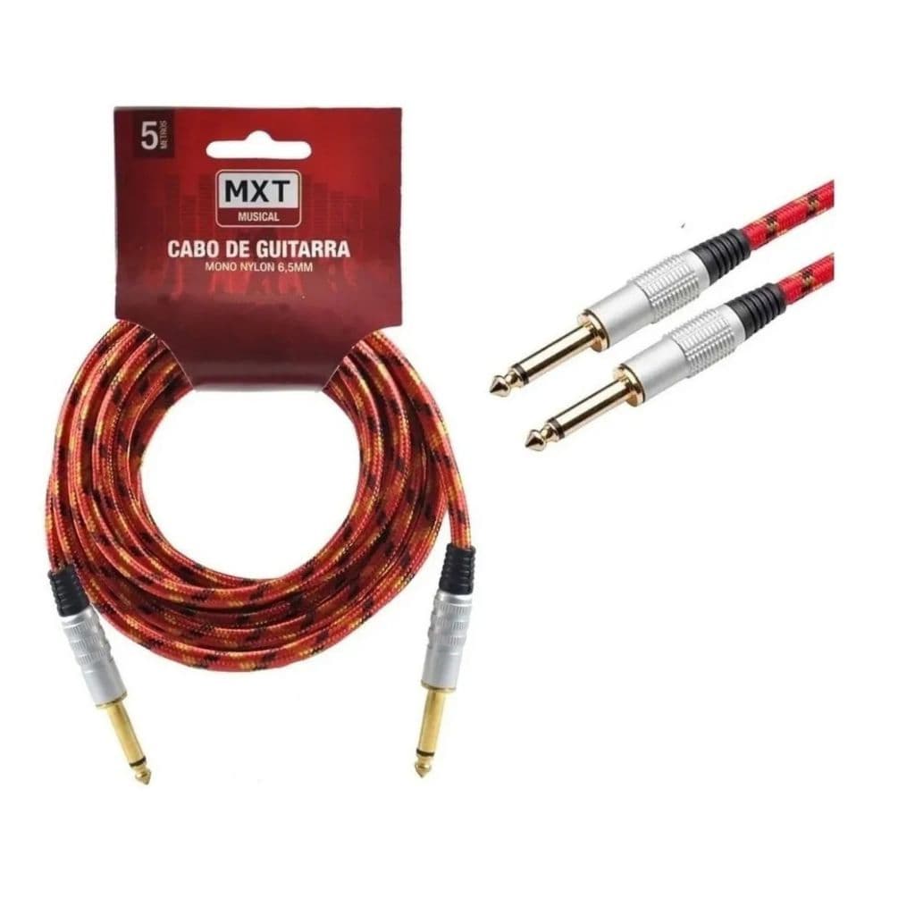 CABO DE GUITARRA VIOLÃO CONTRA BAIXO MONO NYLON P10+P10 5M PLUG DOURADO  CABO VERMELHO