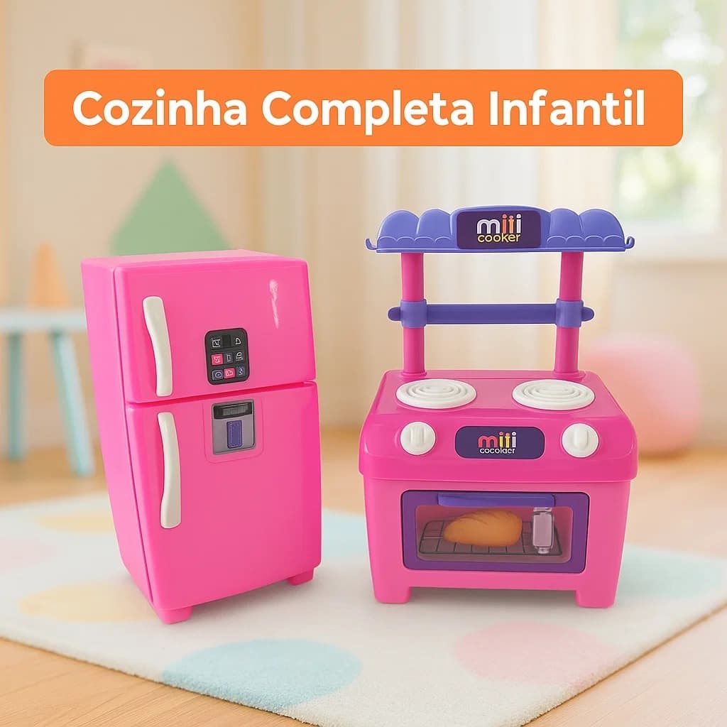 Brinquedo Infantil Educacional Freezer e Cooker Cozinha Completa 20 Peças Pedagógico