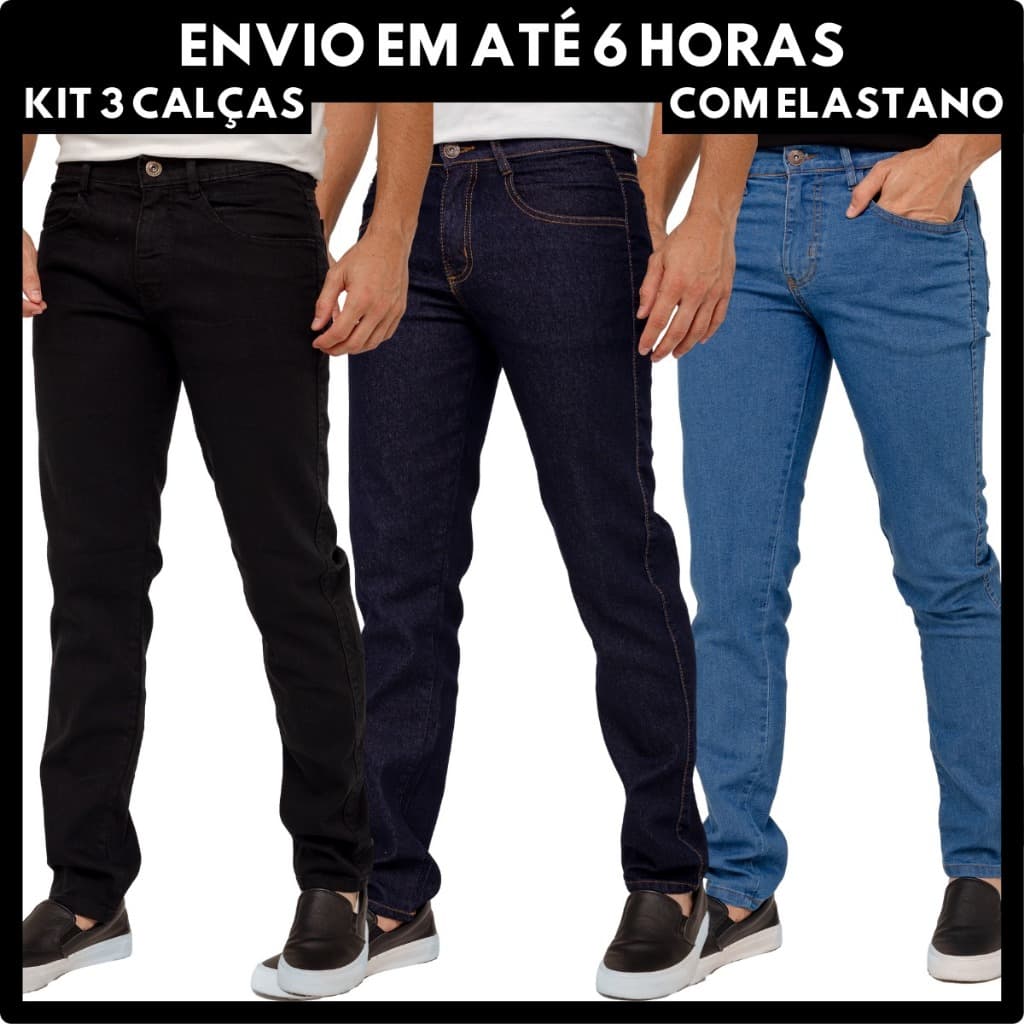 Kit 3 Calças Jeans Masculina Elastano Reta Lycra Básica Tradicional Linha Premium Promoção