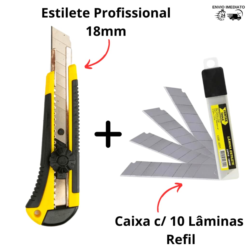 Estilete Profissional Emborrachado com Trava 18mm +10 Laminas