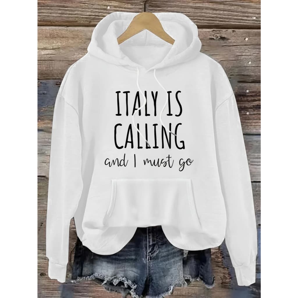 Moletom com capuz estampado gráfico ``Italy Is Calling´´ e cordão, blusa de moletom casual Unisex no inverno e outono