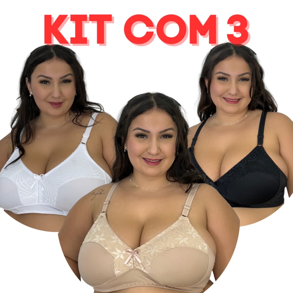 KIT 3 Sutiã Plus Size Feminino Reforçado Conforto Sem Bojo Sem Aro Premium Microfibra Alças Largas Sutian Senhora
