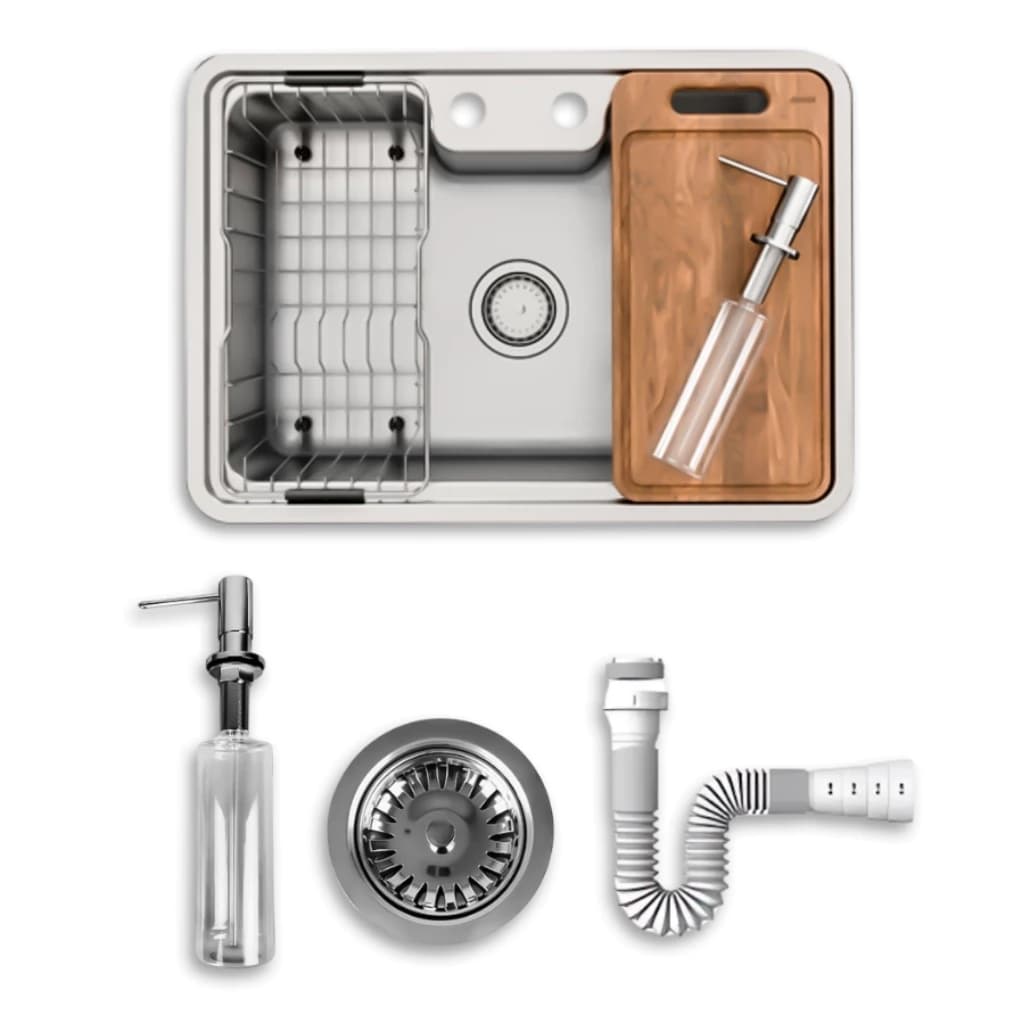 Cuba DocolMassima 64 x 44 cm Embutir/Sobrepor Inox 304 Escovado + Dispenser + Tábua + Cesto + Sifão