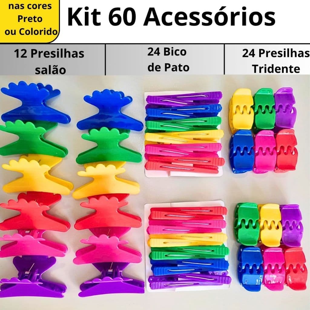kit 60 acessórios de piranha bico de pato presilha salão tridente prendedor de cabelo