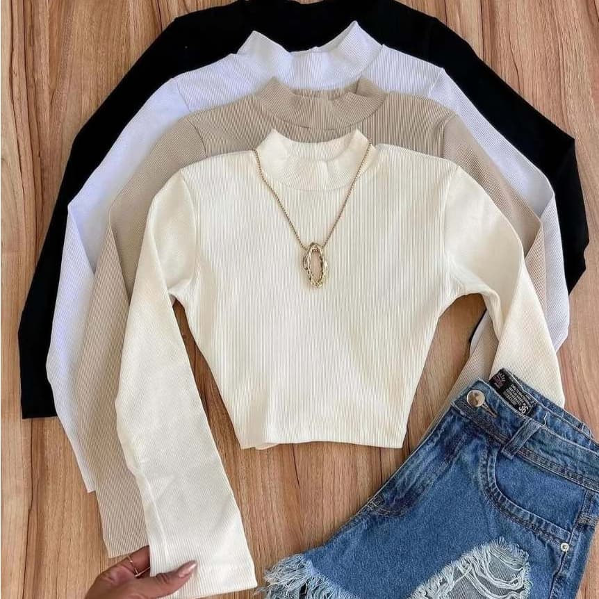 Blusa Feminina Canelada Gola Alta Cacharrel Casual e Estilosa Tecido Algodão Premium
