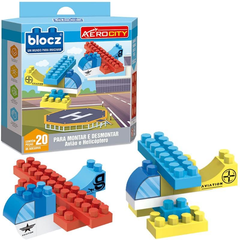 BLOCOS DE MONTAR BLOCKS AVIAO E HELICOPTERO AERO CITY COM 5 ADESIVOS E 20 PECAS