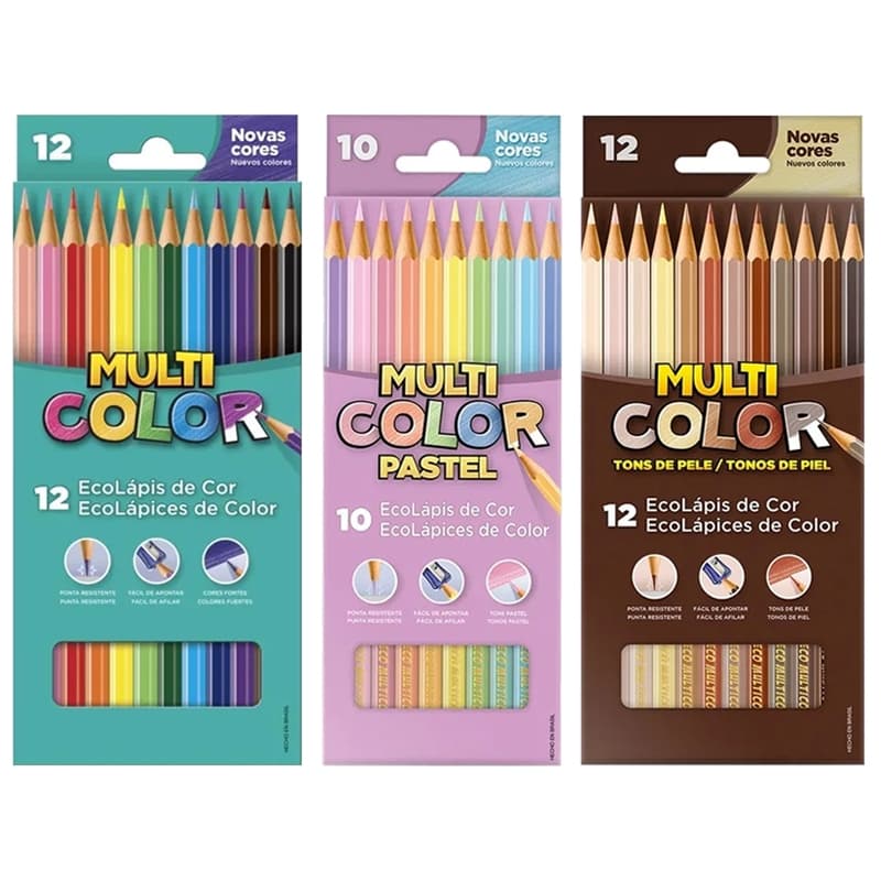 Kit Lápis de Cor MultiColor com 34 Cores 12 Cores Básicas, 10 Tons Pastel e 12 Tons de Pele