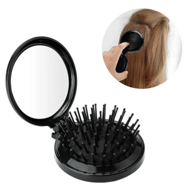 Mini Escova de Cabelo Dobrável Com Espelho - Portátil e Perfeita Para Bolsa