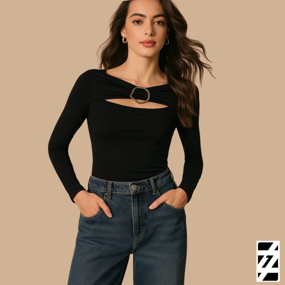 Blusa Feminina Estilosa Manga Longa com Decote e Fivela Orgânica