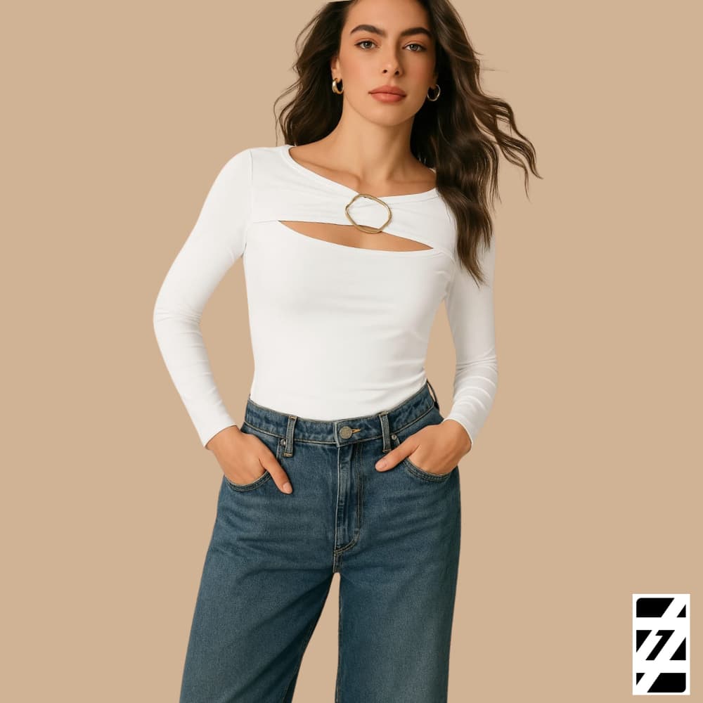 Blusa Feminina Estilosa Blusinha Feminina Detalhe nas Costas Manga Longa Blusa com Fivela Orgânica