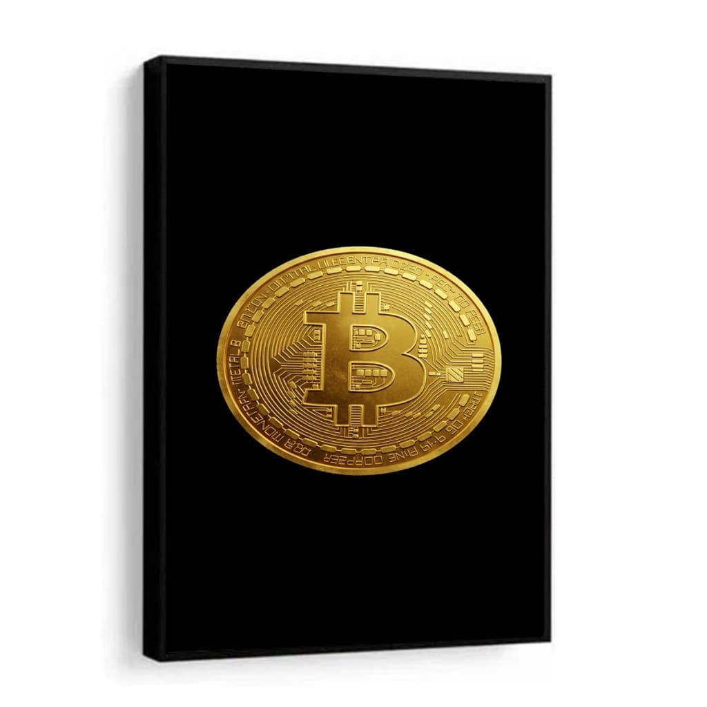 Quadro Decorativo Bitcoin Moeda Dourada Riqueza motivacional luxo para quarto setup com Moldura
