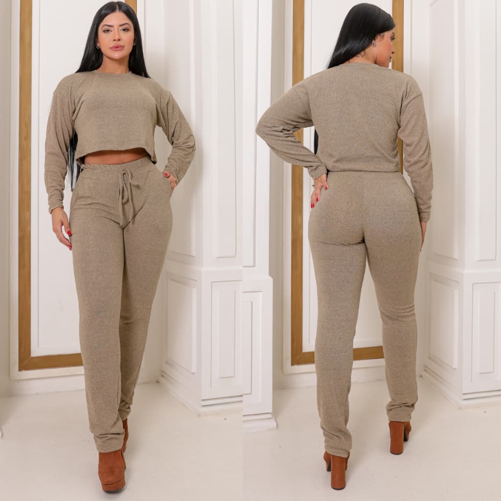 Conjunto Lanzinha feminino com Calça e Blusa Elástico na Cintura Bolsos Casual Moda inverno
