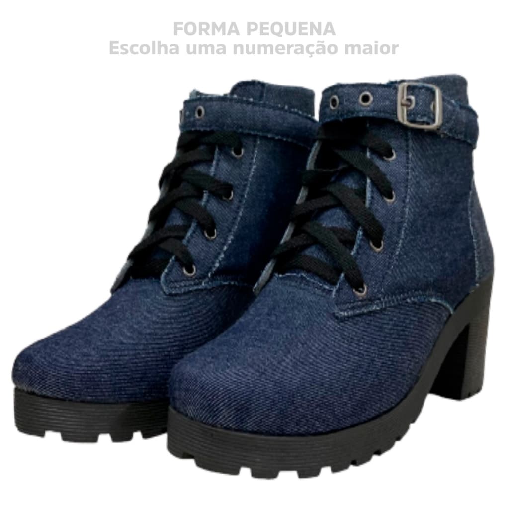 Bota Feminina Coturno Botinha Cano Curto Salto Bloco Grosso com Fivela Jeans Confortável Ref. 20/150