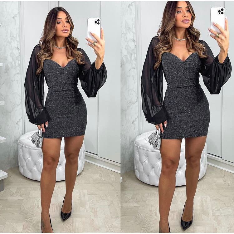 Vestido curto preto brilhante tubo midi manga longa tule festa balada promoção