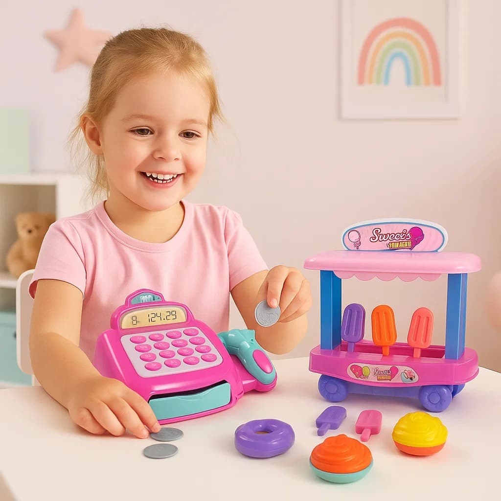 Kit Brinquedo Caixa Registradora e Sorveteira Infantil Luz Som Acessórios +3 Anos
