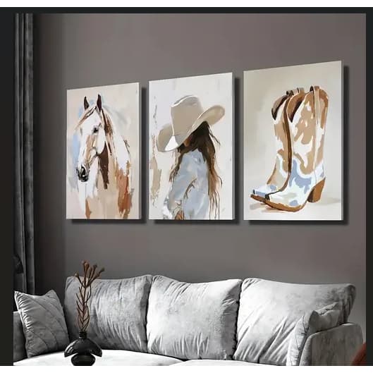 Quadro decorativo cavalo chapéu botas para quarto de menina country decoração sala animais abstrato
