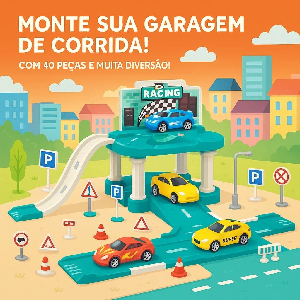Brinquedo Pista de Estacionamento e Garagem de Carros Com 40 Peças 2 Carrinhos