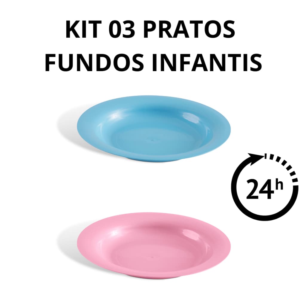 Kit com 03 Pratos Fundos Infantis Cores Azul ou Rosa