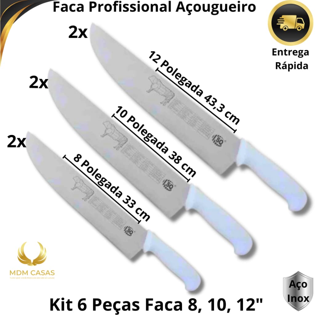 Faca Chef Profissional Cabo Branco 8" 10" 12" Aço Inox para Churrasco Carne Restaurante Buffet