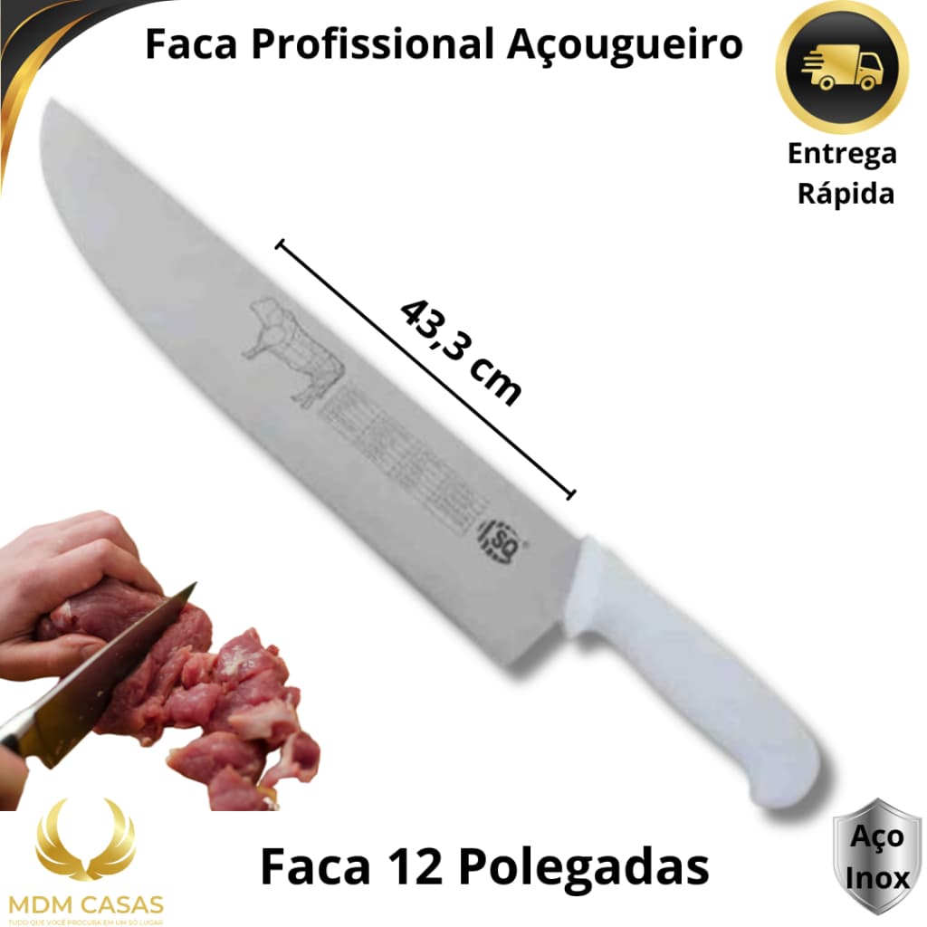 Faca Chef Profissional Aço Inox 12"  Carne Churrasco Restaurante Buffet Churrascaria Restaurante