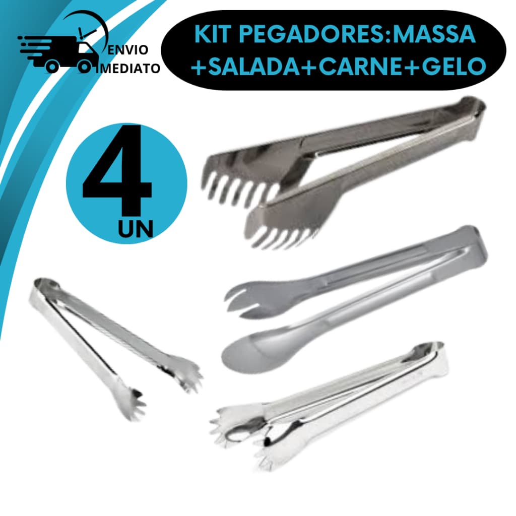 Conjunto 4 Peças de Utensilios para Cozinha Pegadores de Aço Inoxidável Ideal Uso Doméstico
